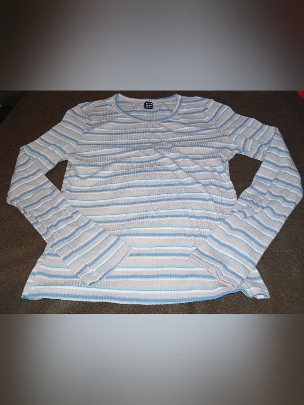 Pre-loved Girl's Shein Pink, Blue & White Striped Ribbed Crew Sweater Top.